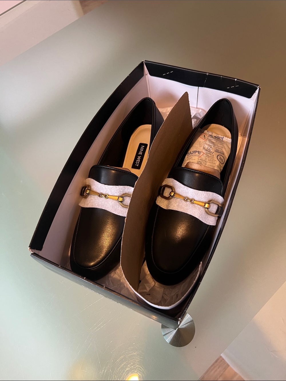 Nine West Black Leather Loafers with Gold Bit and Cream Strap